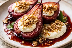 Baked pears in red wine with mascarpone cream and almond crumble