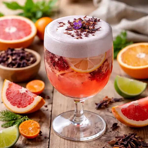 Sezonowy koktajl cytrusowo-hibiskusowy z pianą z aquafaby (wariant 93c36f64)