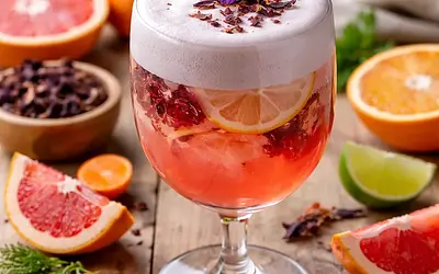 Sezonowy koktajl cytrusowo-hibiskusowy z pianą z aquafaby (wariant 93c36f64)