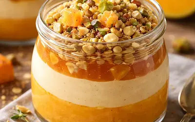 Layered fusion dessert: roasted pumpkin mousse, quince jelly, and almond-pistachio crumble