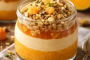Layered fusion dessert: roasted pumpkin mousse, quince jelly, and almond-pistachio crumble