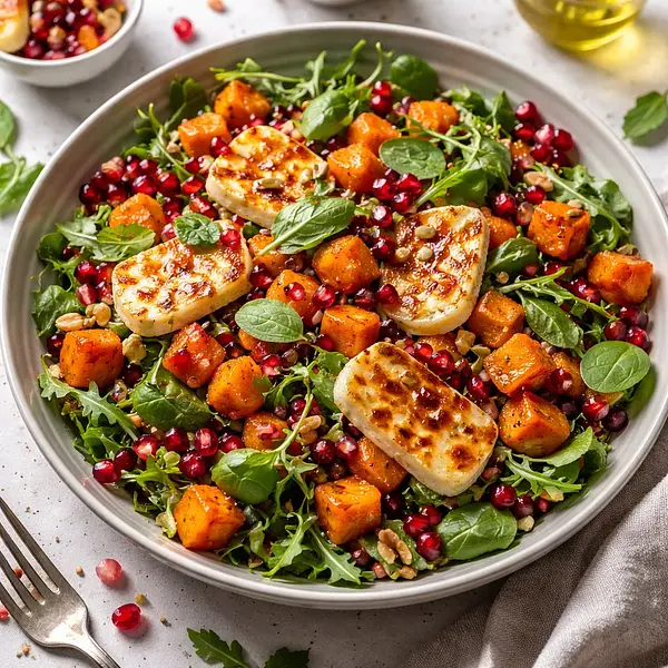 Szybka sałatka zimowa z pieczoną dynią piżmową, granatem i halloumi