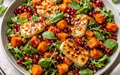 Szybka sałatka zimowa z pieczoną dynią piżmową, granatem i halloumi