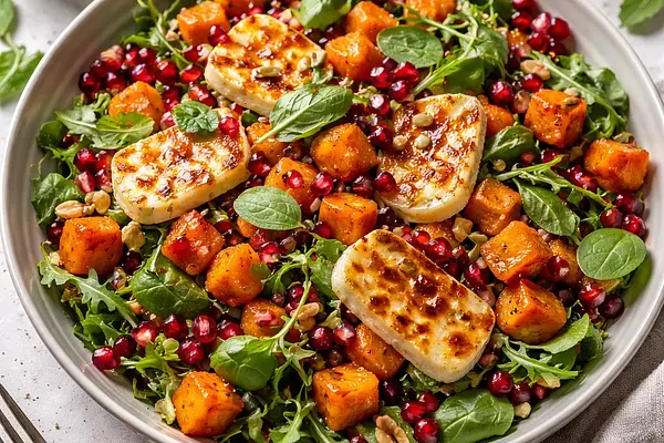 Szybka sałatka zimowa z pieczoną dynią piżmową, granatem i halloumi