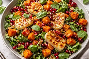 Szybka sałatka zimowa z pieczoną dynią piżmową, granatem i halloumi