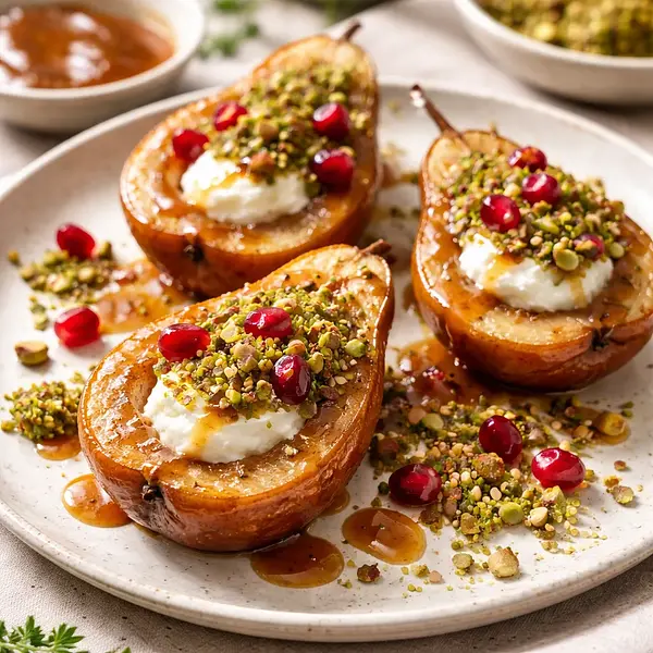 Pieczone gruszki fusion z kremem ricotta i sosem miso-karmel, kruszonką matcha-sezam i granatem (wariant 0e6667ad)