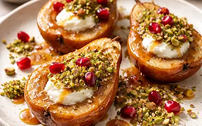 Pieczone gruszki fusion z kremem ricotta i sosem miso-karmel, kruszonką matcha-sezam i granatem (wariant 0e6667ad)