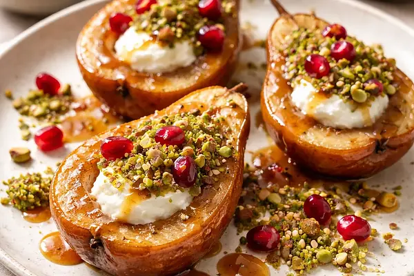 Pieczone gruszki fusion z kremem ricotta i sosem miso-karmel, kruszonką matcha-sezam i granatem (wariant 0e6667ad)