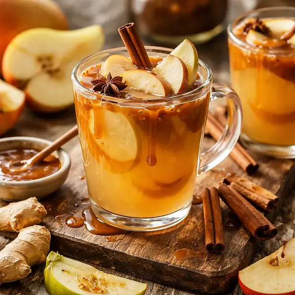 Jesienno-zimowy gorący napój jabłkowo-gruszkowy z imbirem i klonowym karmelem