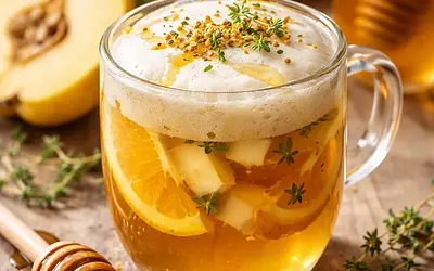 Traditional quince and orange infusion with honey foam