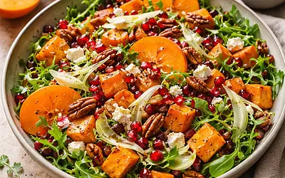 Quick Winter-Autumn Salad with Persimmon, Roasted Sweet Potato, Fennel, and Pomegranate