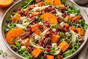 Quick Winter-Autumn Salad with Persimmon, Roasted Sweet Potato, Fennel, and Pomegranate