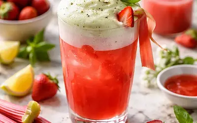 Spring rhubarb-strawberry cocktail with basil aquafaba foam (variant ca2a18ac)