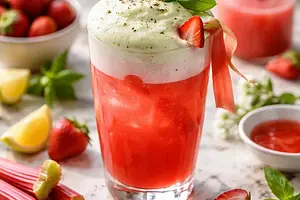 Spring rhubarb-strawberry cocktail with basil aquafaba foam (variant ca2a18ac)