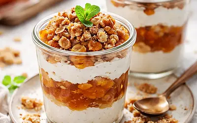 Szybkie pucharki z karmelizowanym persymonem, kremem ricotta-kokos i prażoną kruszonką