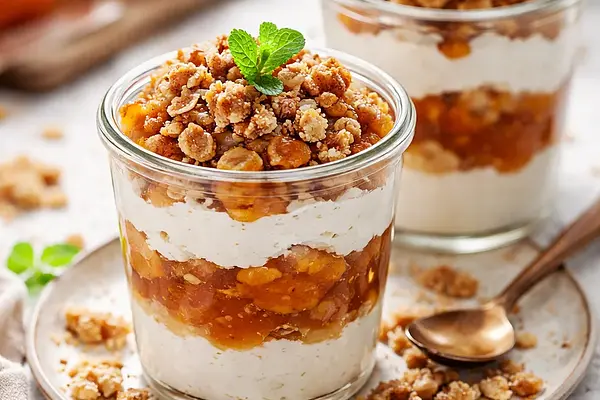Szybkie pucharki z karmelizowanym persymonem, kremem ricotta-kokos i prażoną kruszonką