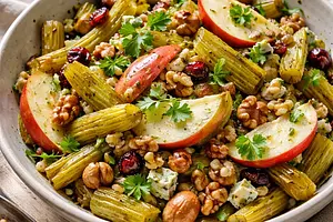 Traditional winter salad with roasted celery, apple, and toasted nuts