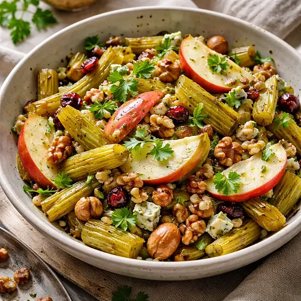 Tradycyjna sałatka zimowa z pieczonego selera, jabłka i prażonych orzechów