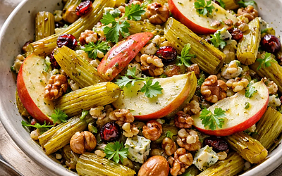 Traditional winter salad with roasted celery, apple, and toasted nuts