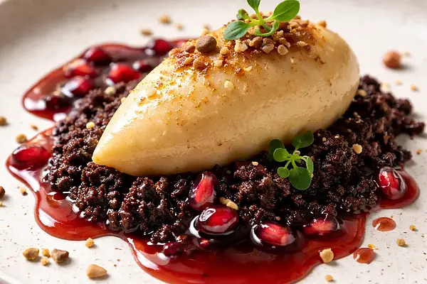 Nowoczesny mus z pieczonej gruszki na czekoladowym crumble z winno-granatowym sosem
