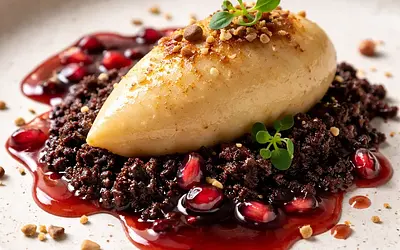 Nowoczesny mus z pieczonej gruszki na czekoladowym crumble z winno-granatowym sosem