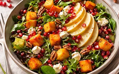 Seasonal salad with roasted pumpkin, pear, and pomegranate