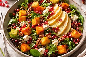 Seasonal salad with roasted pumpkin, pear, and pomegranate