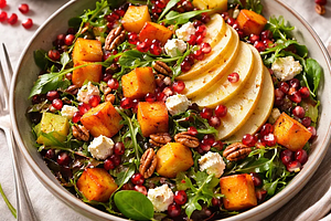 Seasonal salad with roasted pumpkin, pear, and pomegranate