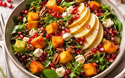 Seasonal salad with roasted pumpkin, pear, and pomegranate