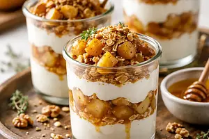 Quick cups with caramelized pears, honey cream, and oat-nut crumble