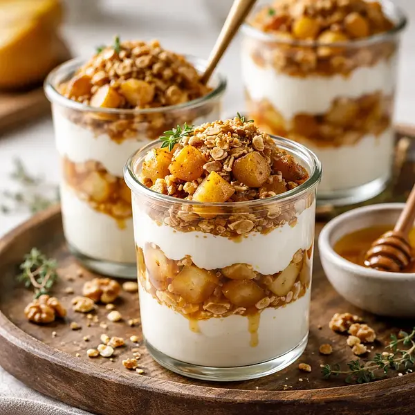 Błyskawiczne pucharki z karmelizowanymi gruszkami, miodowym kremem i kruszonką owsiano-orzechową
