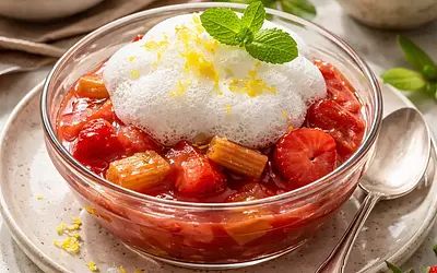 Traditional rhubarb-strawberry compote with lemon foam
