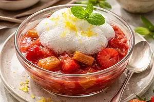 Traditional rhubarb-strawberry compote with lemon foam