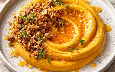 Modern pumpkin cream with clementine glaze and nut crumble