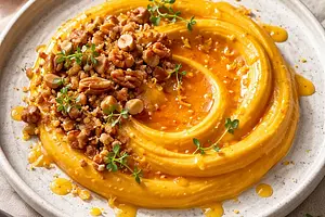 Modern pumpkin cream with clementine glaze and nut crumble