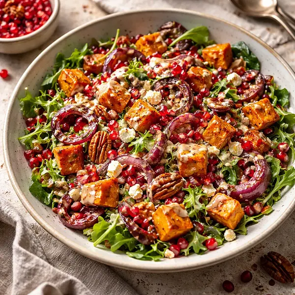 Jesienna sałatka z pieczoną dynią, karmelizowaną cebulą, granatem i dressingiem tahini‑miód