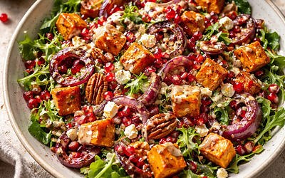 Autumn salad with roasted pumpkin, caramelized onion, pomegranate, and tahini-honey dressing