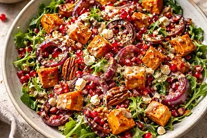 Autumn salad with roasted pumpkin, caramelized onion, pomegranate, and tahini-honey dressing