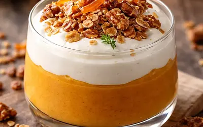 Layered pumpkin-orange mousse with vanilla yogurt foam, nut-oat crumble, and candied peel