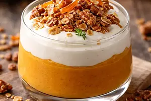 Layered pumpkin-orange mousse with vanilla yogurt foam, nut-oat crumble, and candied peel