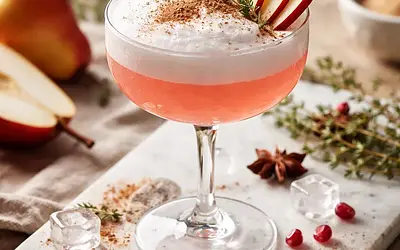 Winter Cocktail "Ruby Pear" with Aquafaba Foam