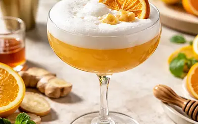 Modern citrus-ginger cocktail with aquafaba foam