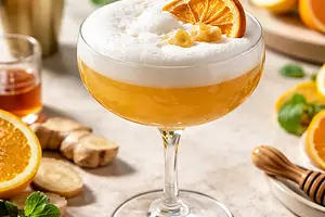 Modern citrus-ginger cocktail with aquafaba foam