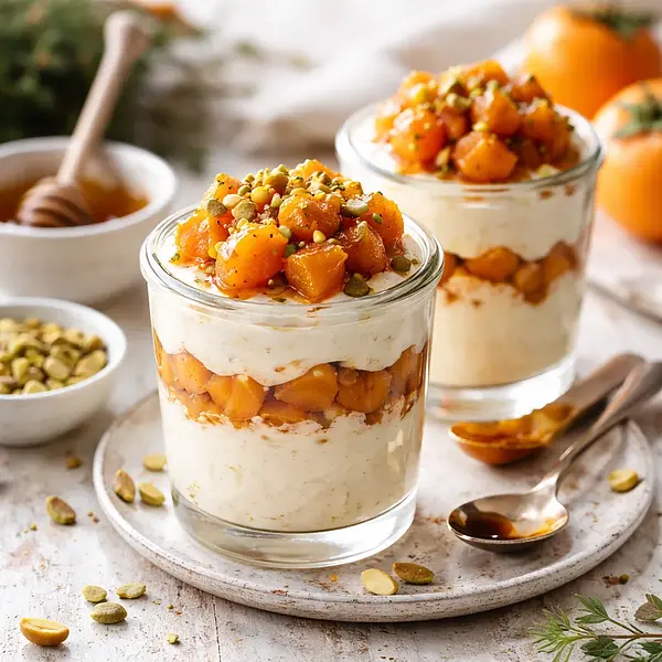 Szybkie pucharki zimowe z kremem ricotta-pomarańcza i karmelizowaną kaki