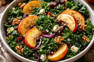 Autumn salad with roasted apples, kale, and walnuts
