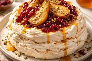 Modern seasonal dessert: Honey-mascarpone meringue cake with roasted pears and cranberry-orange compote