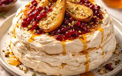 Modern seasonal dessert: Honey-mascarpone meringue cake with roasted pears and cranberry-orange compote