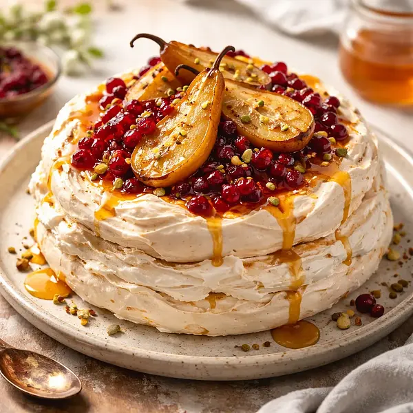 Nowoczesny deser sezonowy: Bezowy tort miodowo-mascarpone z pieczonymi gruszkami i kompotem żurawinowo-pomarańczowym (wariant b524184d)