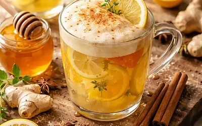 Traditional warming citrus-ginger drink with honey foam