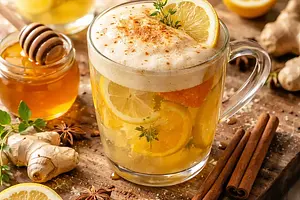 Traditional warming citrus-ginger drink with honey foam